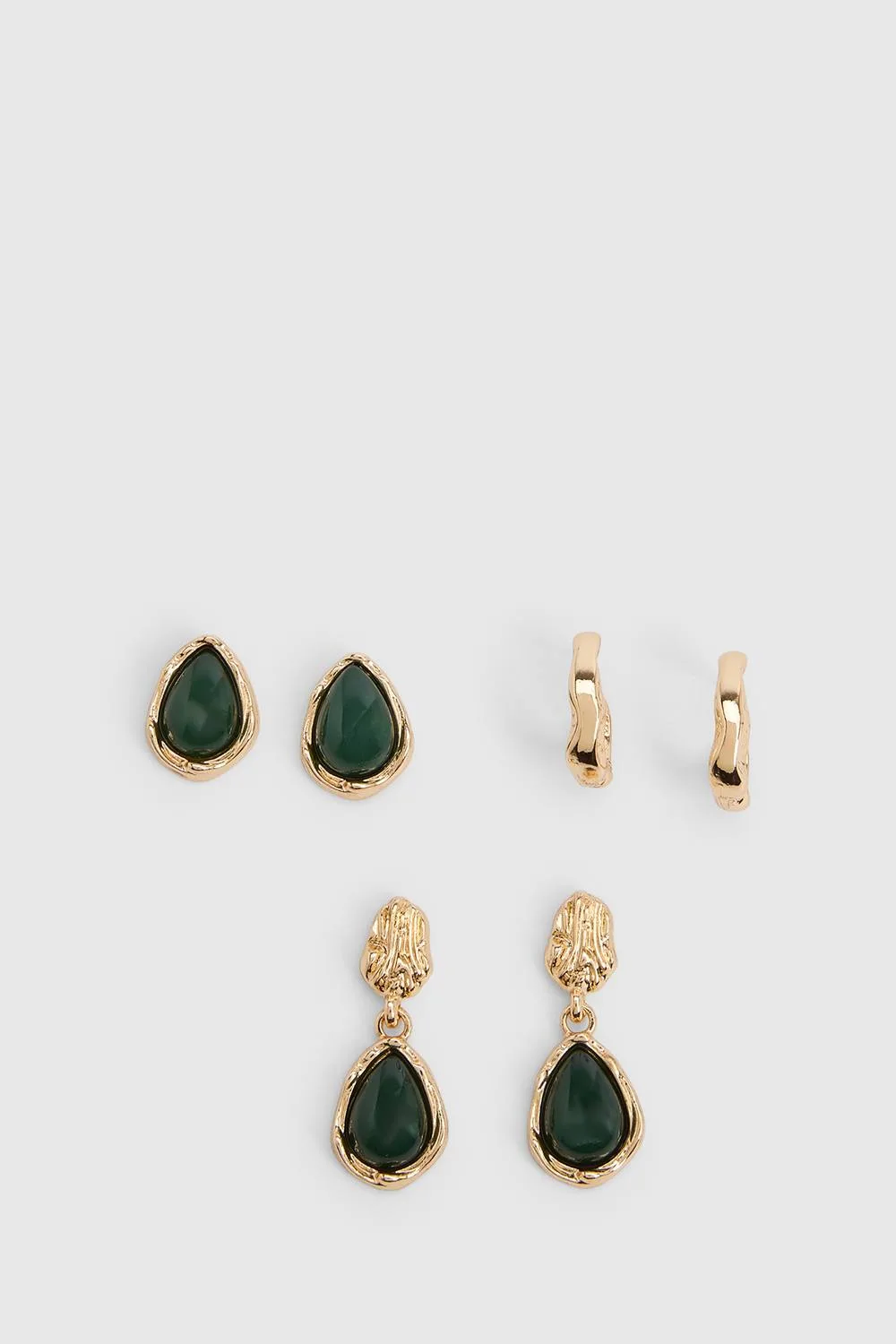 Green Enamel & Hammered Gold Hoops 3 Pack by boohoo