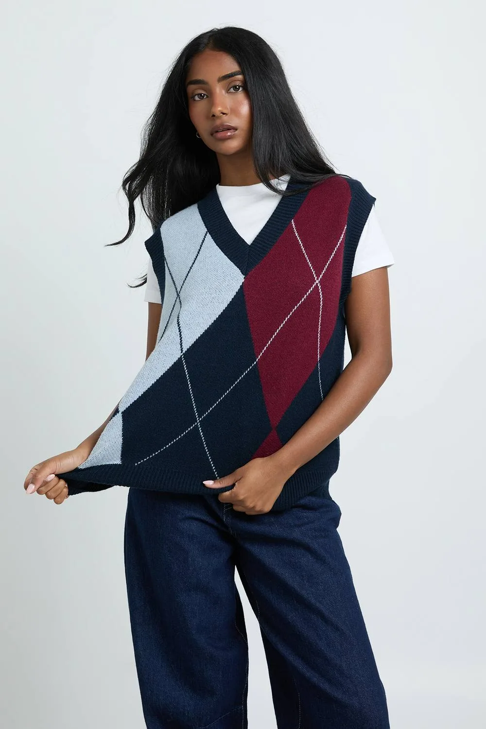 Oversized V Neck Knitted Argyle Tank Top by boohoo