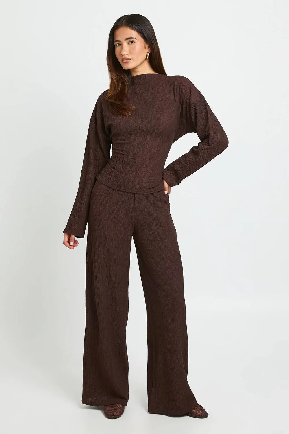 Crinkle Tie Back Long Sleeve Top Wide Leg Trouser Co Ord