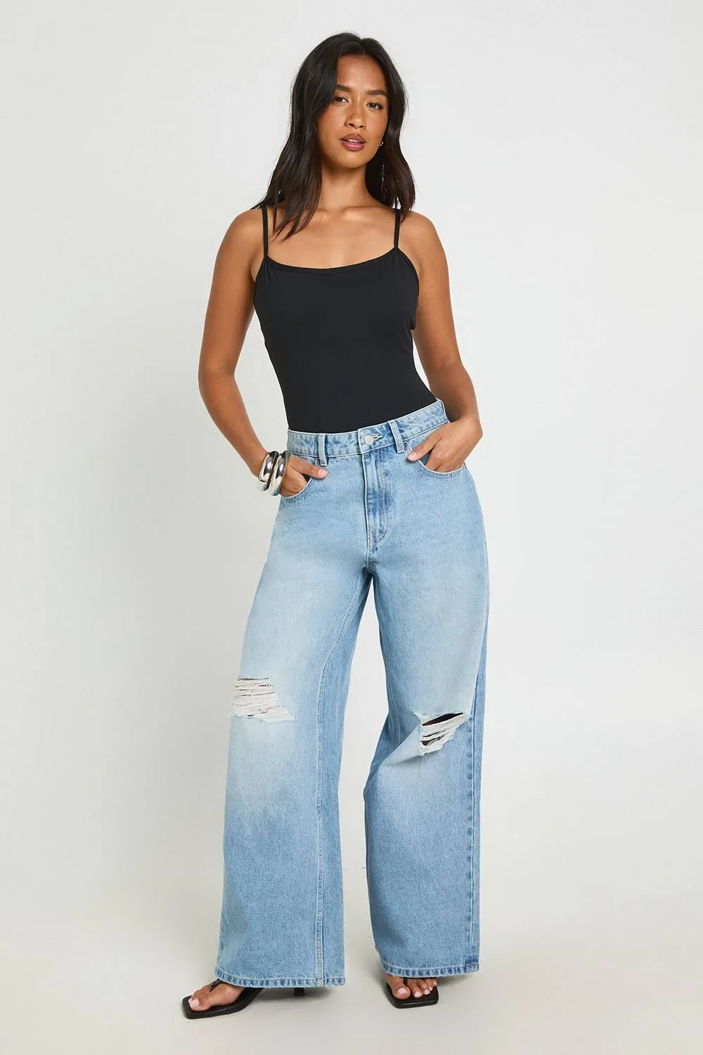 Petite Basic High Waist Ripped Wide Leg Jean by boohoo