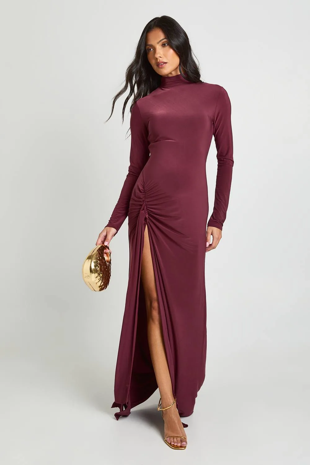 Maternity Knot Detail Long Sleeve Thigh Split Maxi Dress by boohoo