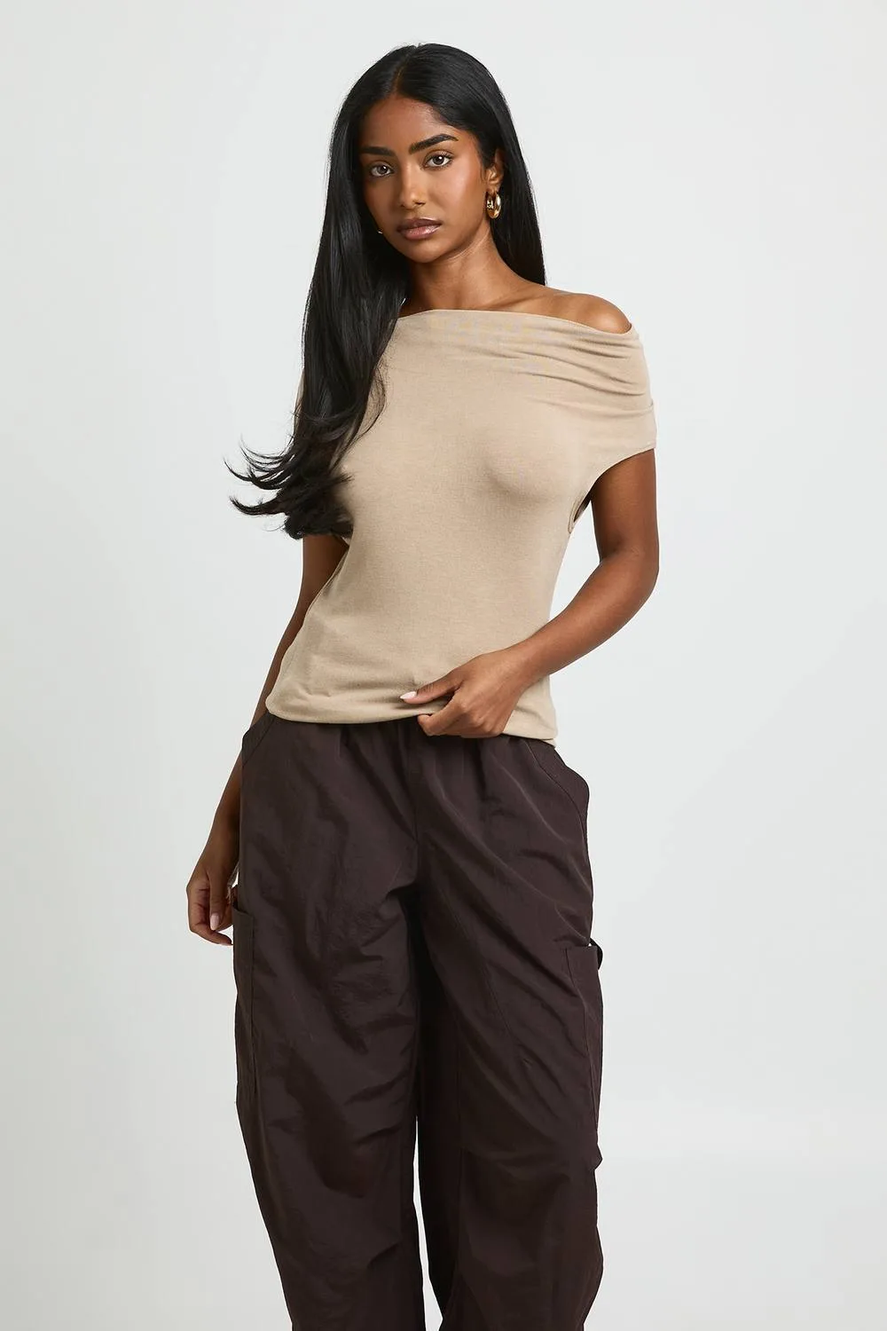 Ultra Soft Jersey Knit Folded Off-The Shoulder Top - Stone