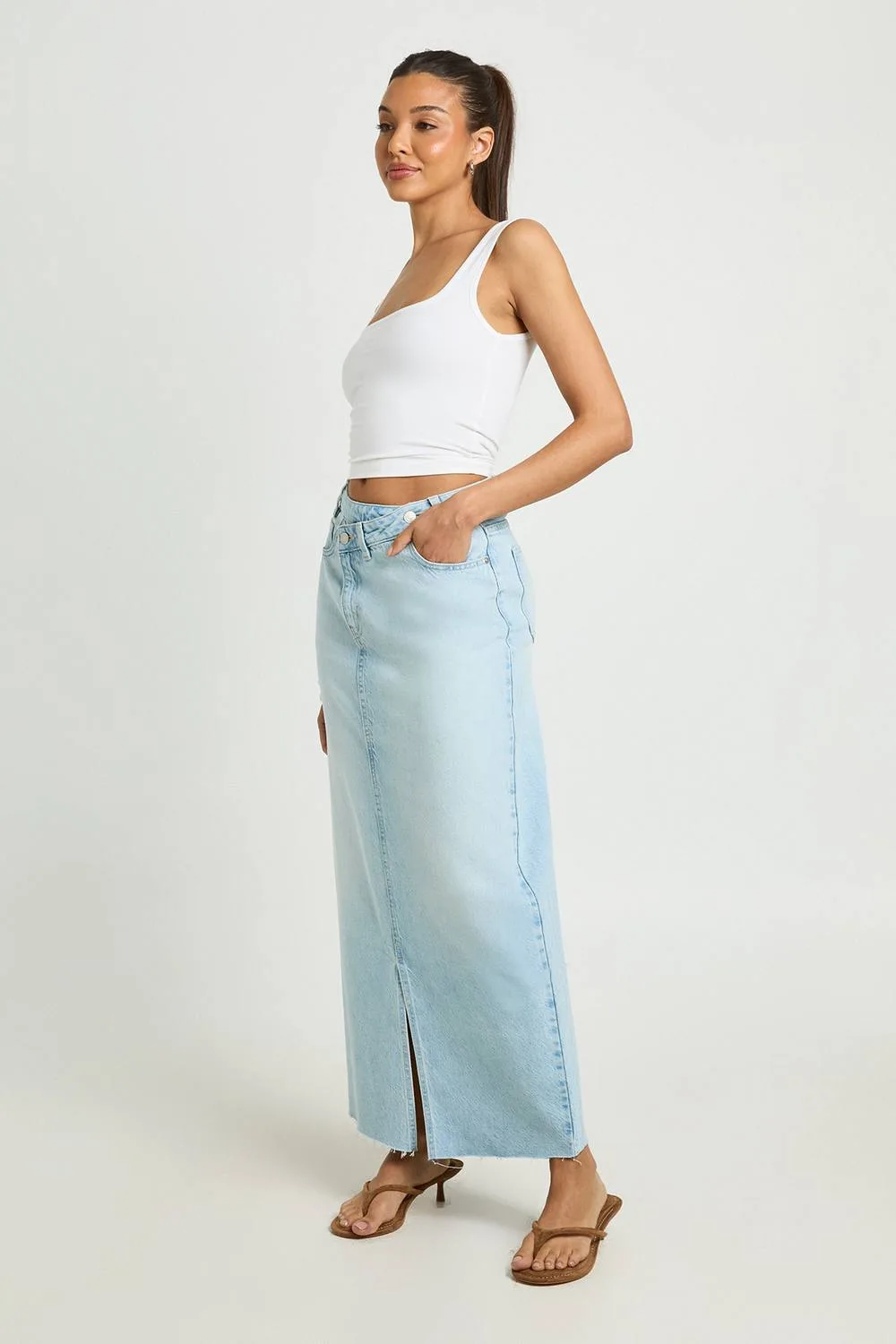 Cross Waistband Denim Maxi Skirt by boohoo