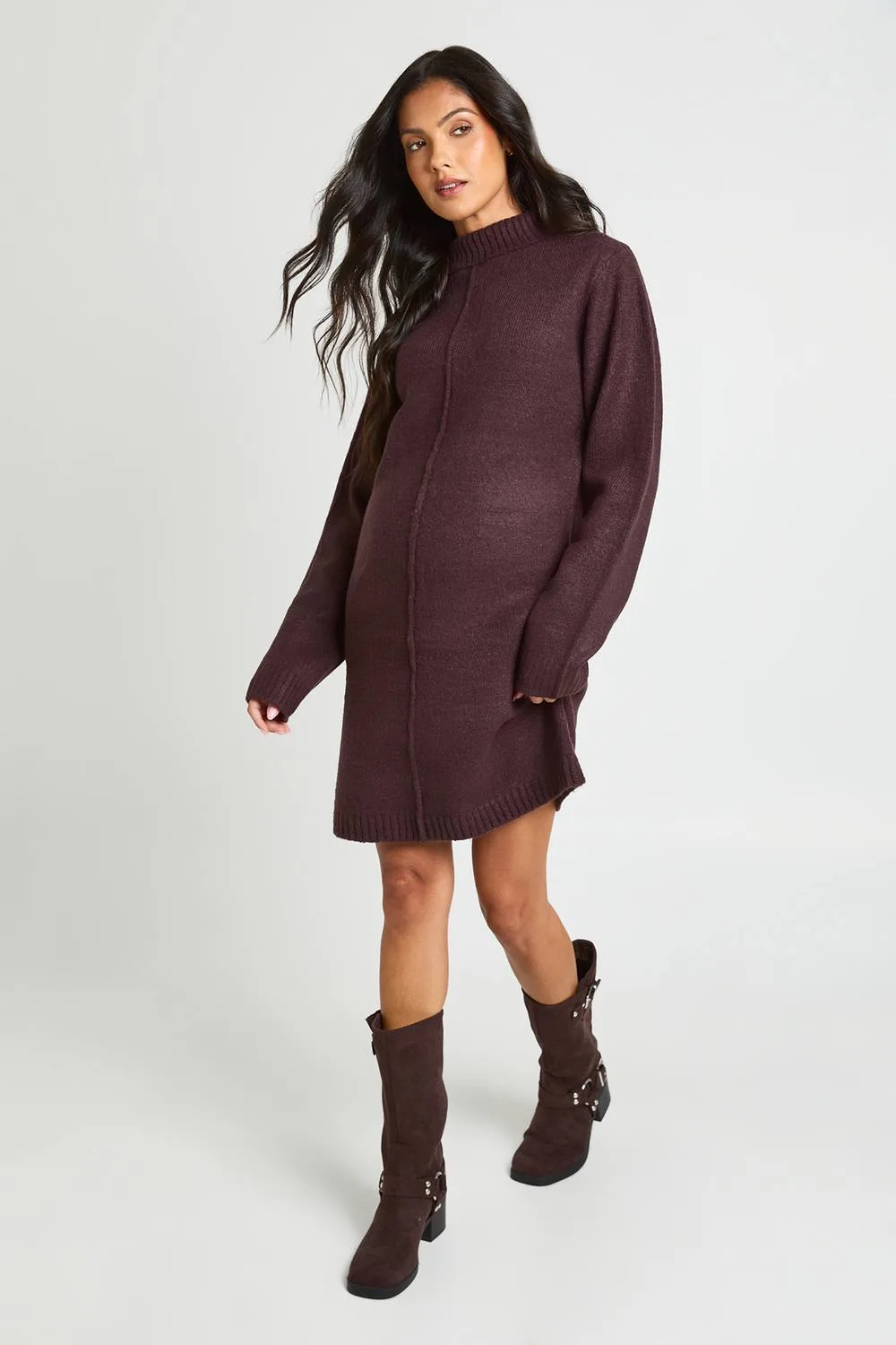 Maternity High Neck Seam Detail Knitted Mini Jumper Dress by boohoo