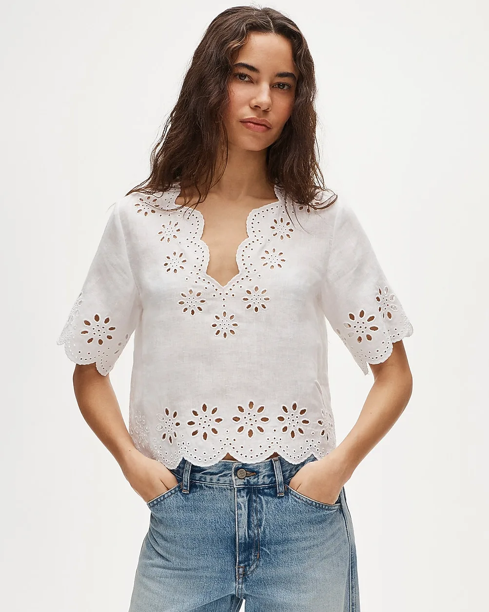 Embroidered Eyelet Top in Linen by J.Crew
