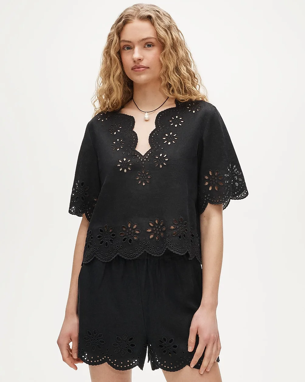Embroidered Eyelet Top in Linen