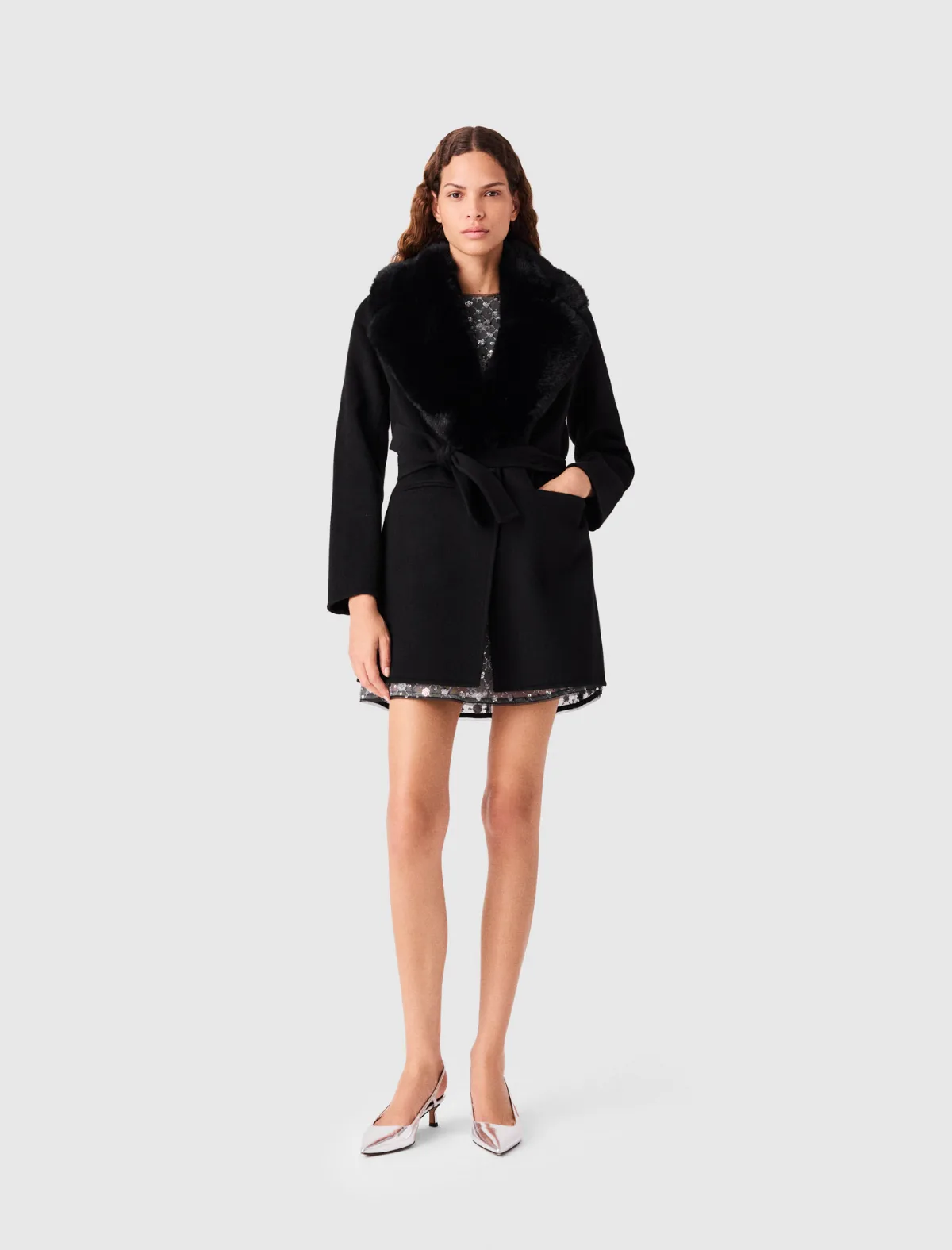 Long Coat with Faux Fur Collar by Maje