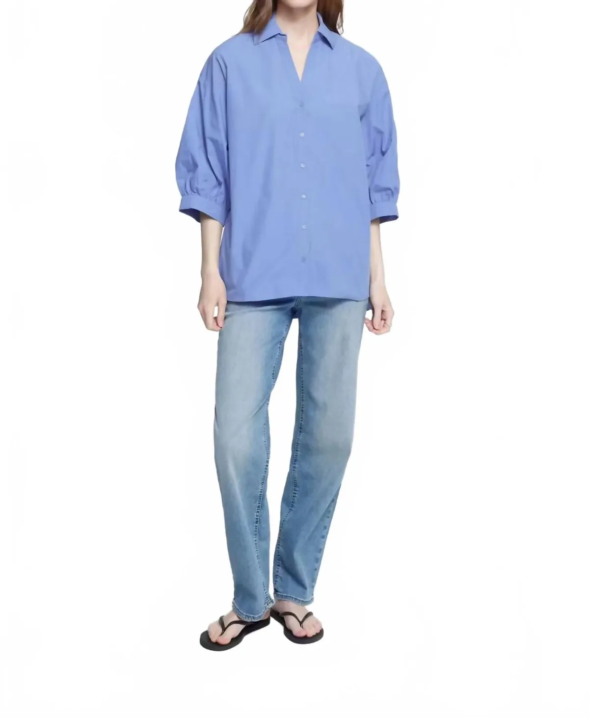 Sky 3/4 Sleeves with Elastic Cuffs Top in Wedgewood / Blue by ICHI