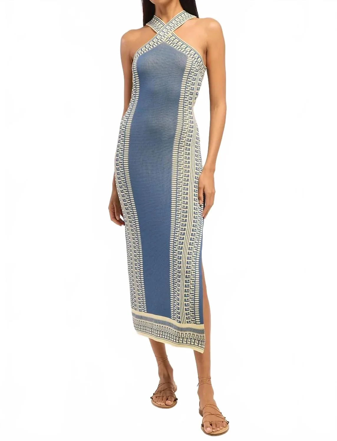 Odessa Halter Neck Dress in Aegean Geometry Blue by Misa Los Angeles