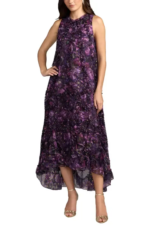 Sleeveless Floral Print Chiffon Micro Ruffle Gown