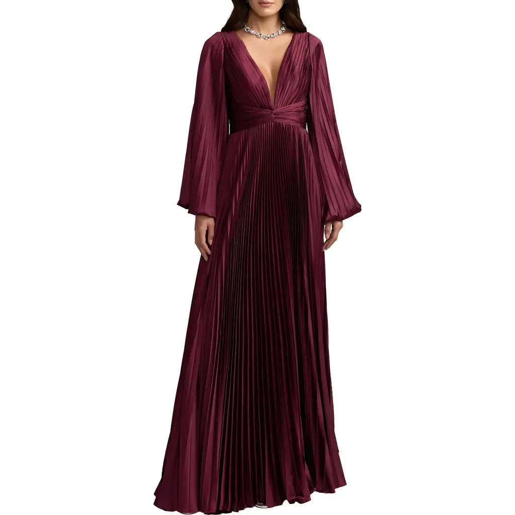Pleated Satin Long Sleeve Gown