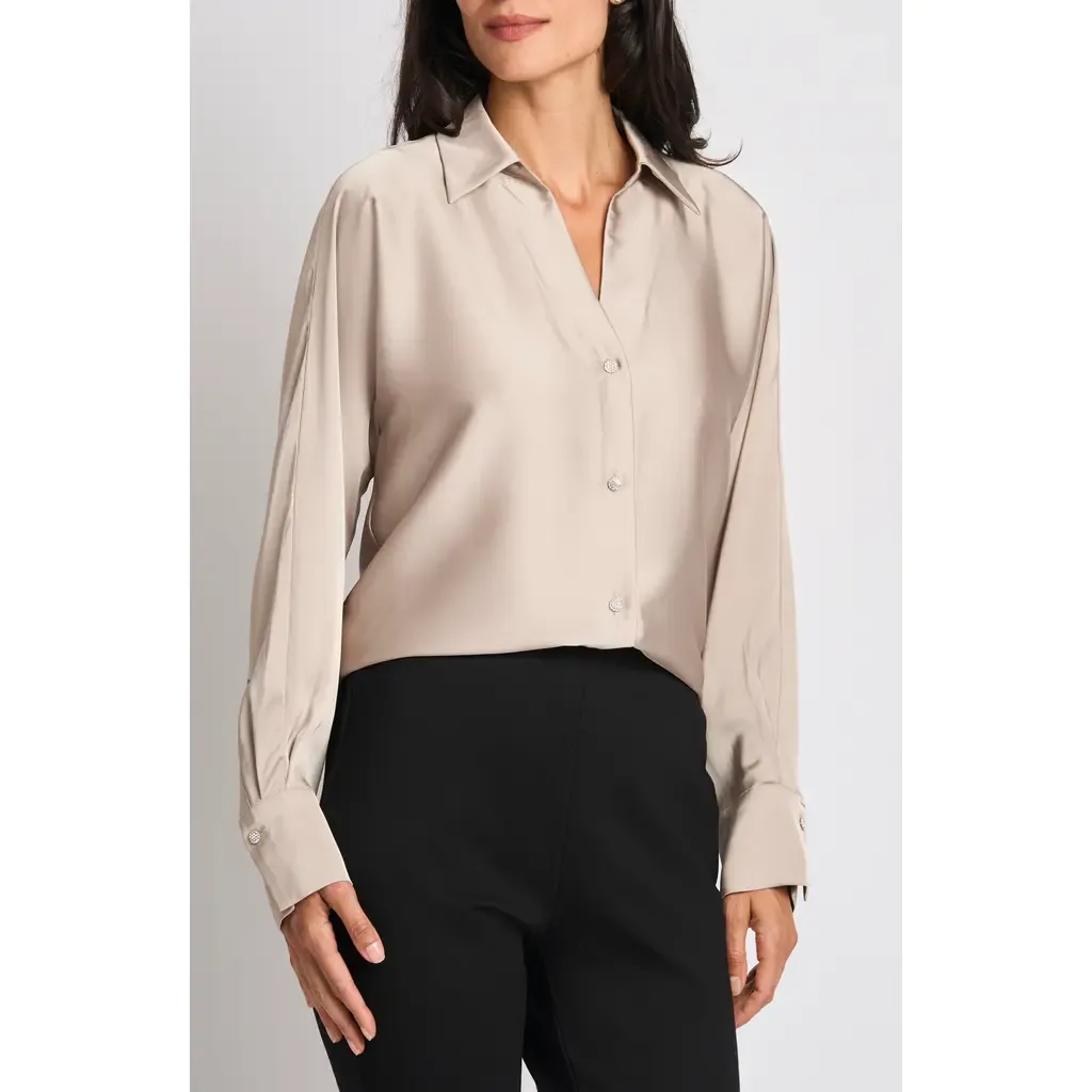 Long Sleeve Button Front Satin Shirt