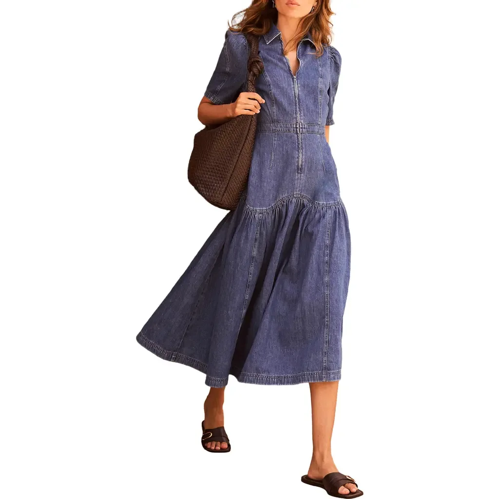 Puff Sleeve Denim Midi Dress