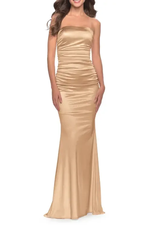 Strapless Stretch Satin Dress with Ruching by La Femme