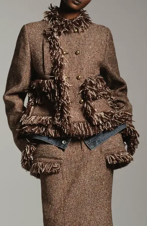 Nep Tweed Fringe Midi Skirt by Sacai