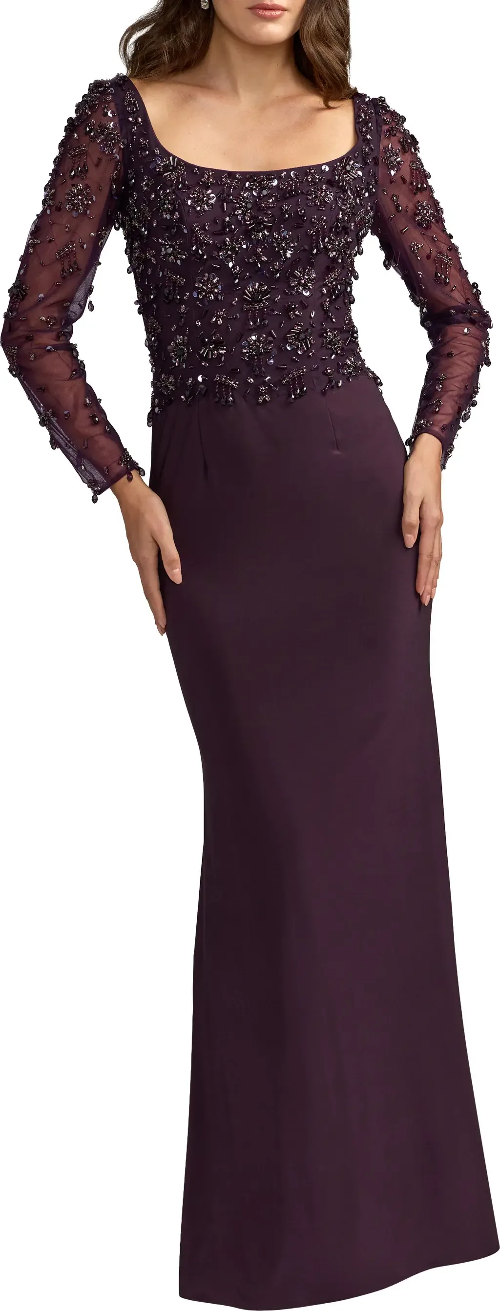 Embellished Mesh Long Sleeve Column Gown