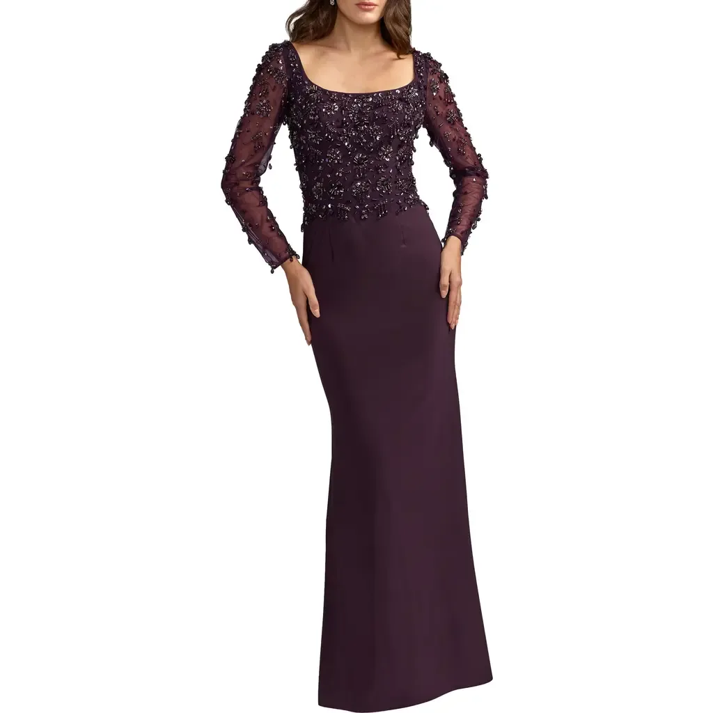 Embellished Mesh Long Sleeve Column Gown by Mac Duggal