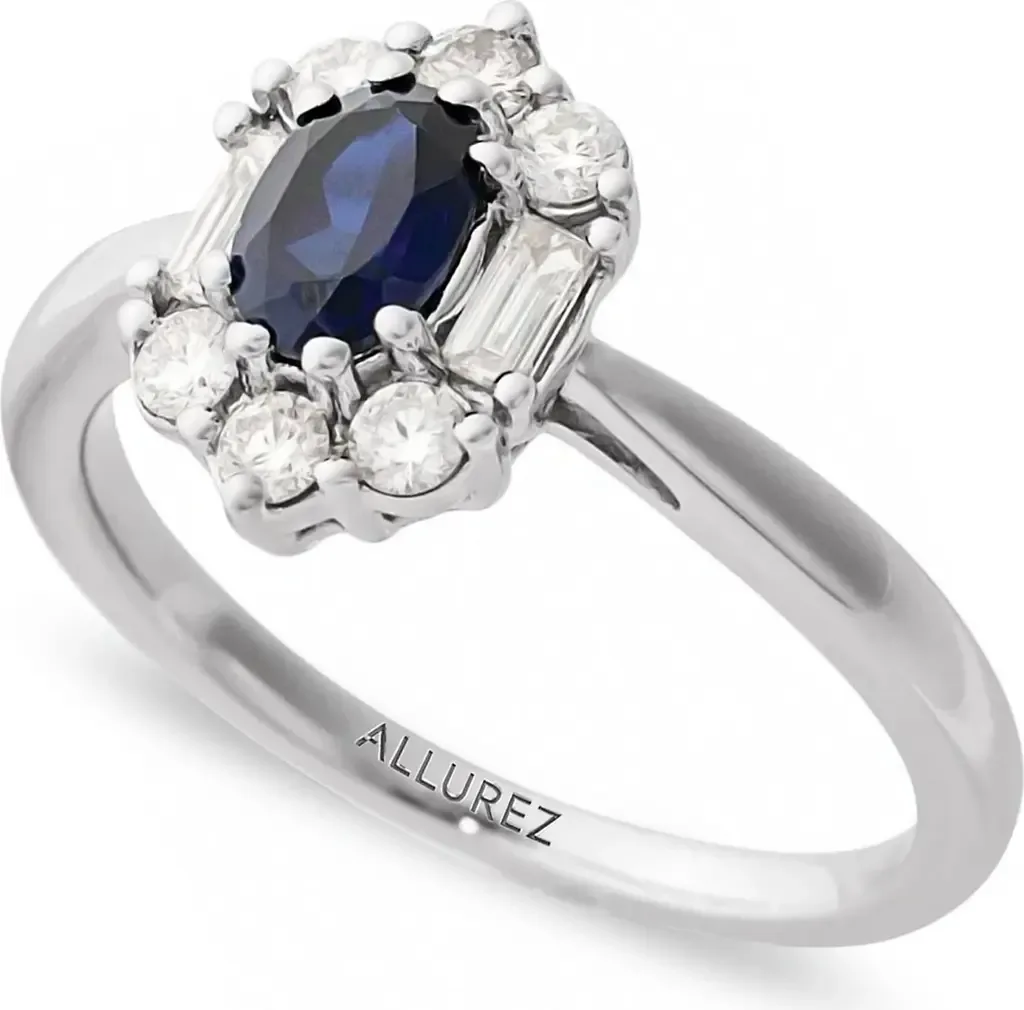 Oval Lab Blue Sapphire & Diamond Halo Ring 14K by ALLUREZ