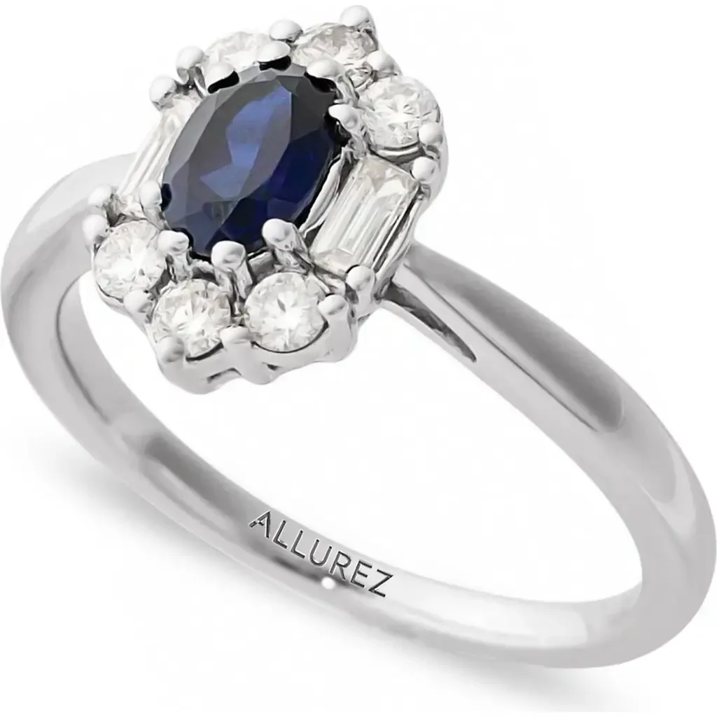 Oval Lab Blue Sapphire & Diamond Halo Ring 14K by ALLUREZ