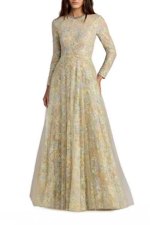Long Sleeve Embellished Lace A-Line Gown by Mac Duggal
