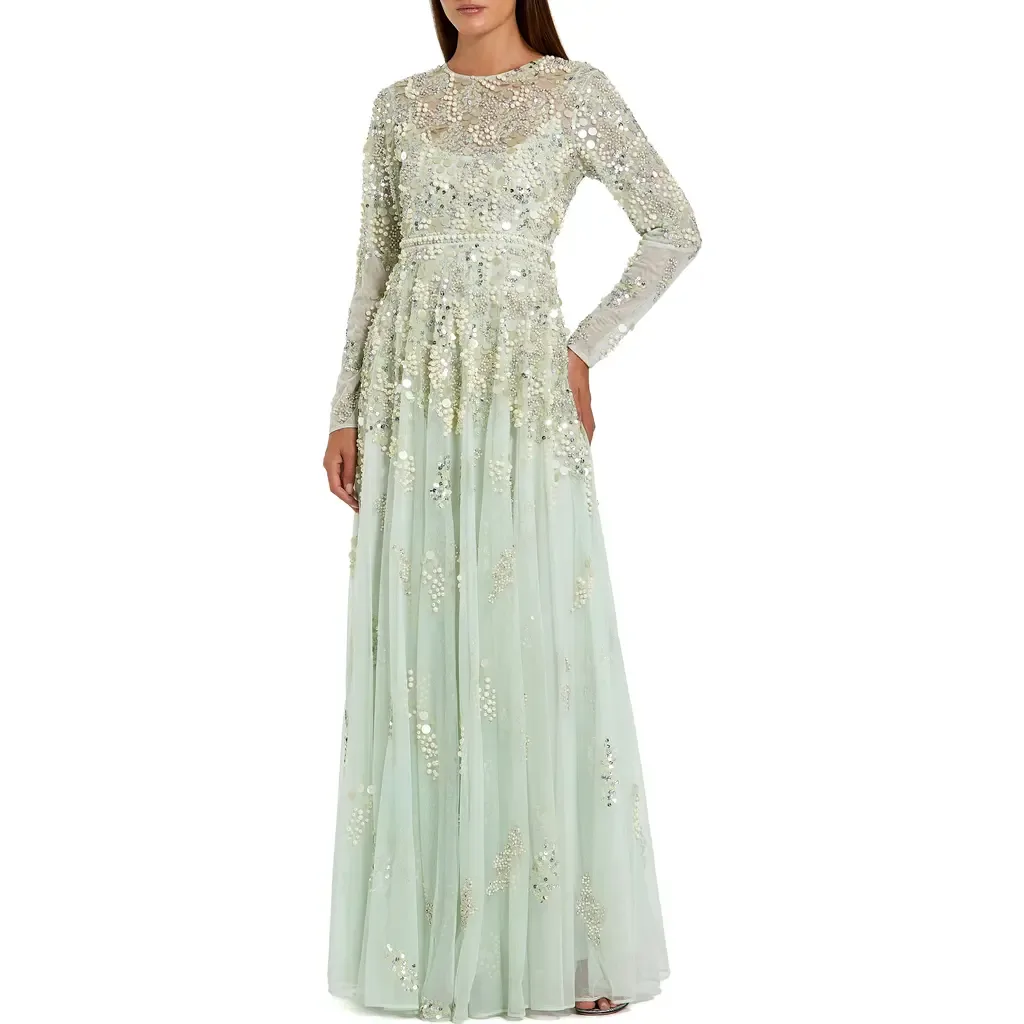Long Sleeve Sequin and Pearl Embellished Gown