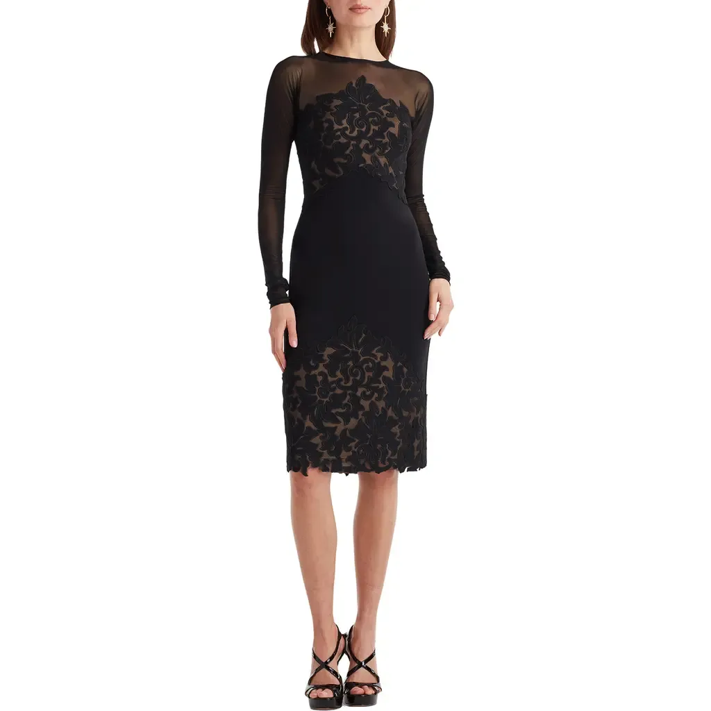 Illusion Neck Laser Cut Long Sleeve Mesh Cocktail Dress by Tadashi Shoji
