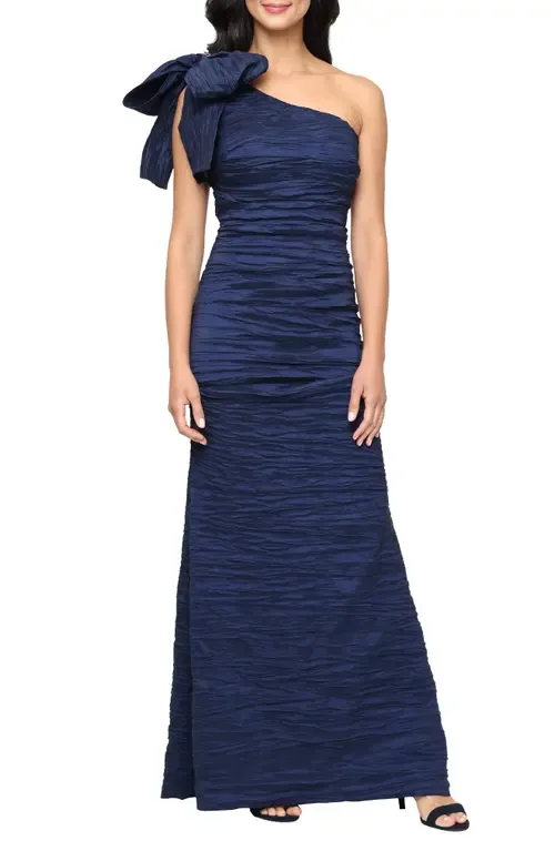 Bow Detail One-Shoulder Ruched Satin Gown