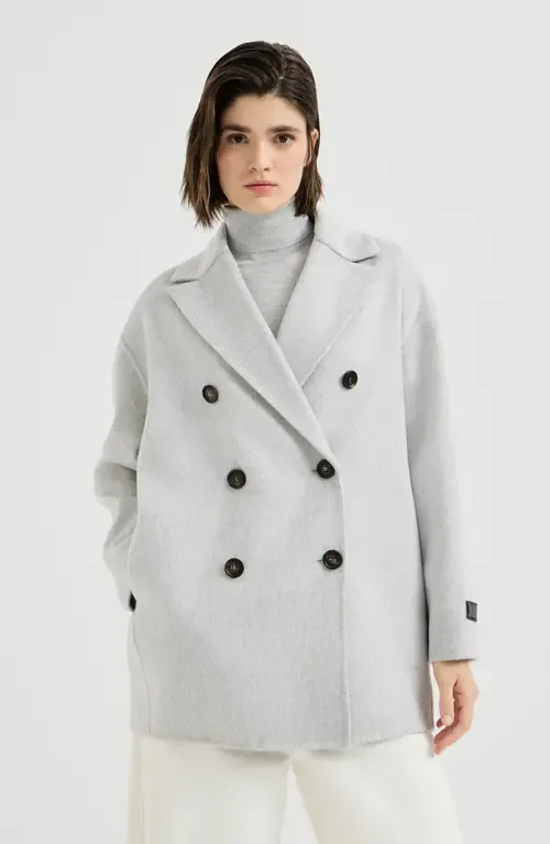Cashmere Double Beaver Cloth Pea Coat with Precious Patch by Brunello Cucinelli