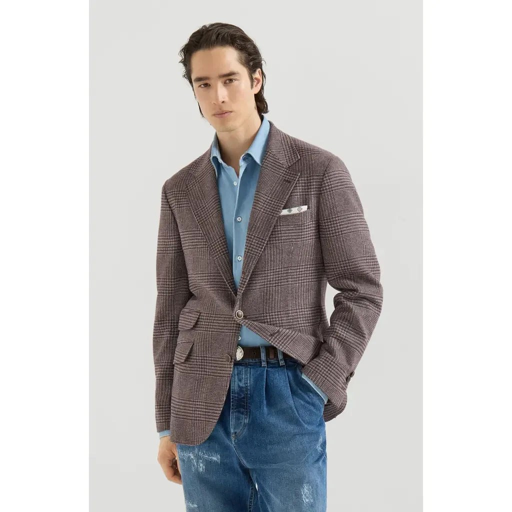 Comfort Wool and Cashmere Prince of Wales Flannel Deconstructed Cavallo Blazer by Brunello Cucinelli