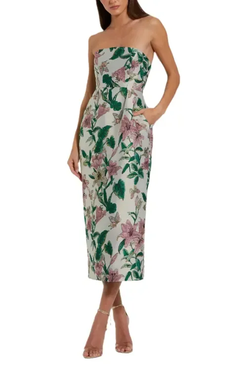 Floral Brocade Strapless Fitted Midi Dress by Mac Duggal