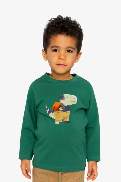Organic Cotton Dino Appliqué Crew Neck Long Sleeve T-Shirt by Deux par Deux