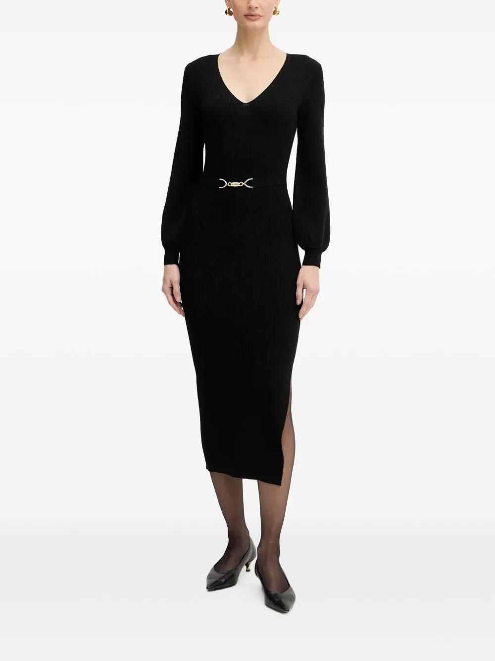 V-Neck Belted Midi Dress by Morgan