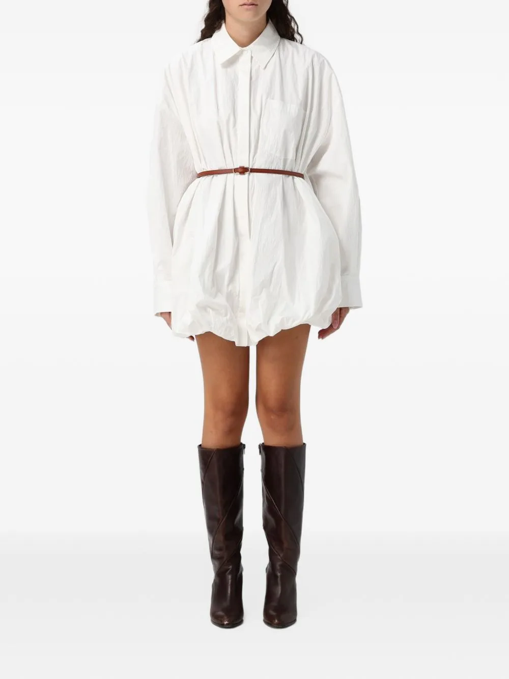 Belted Balloon-Hem Mini Shirt Dress by Eleh