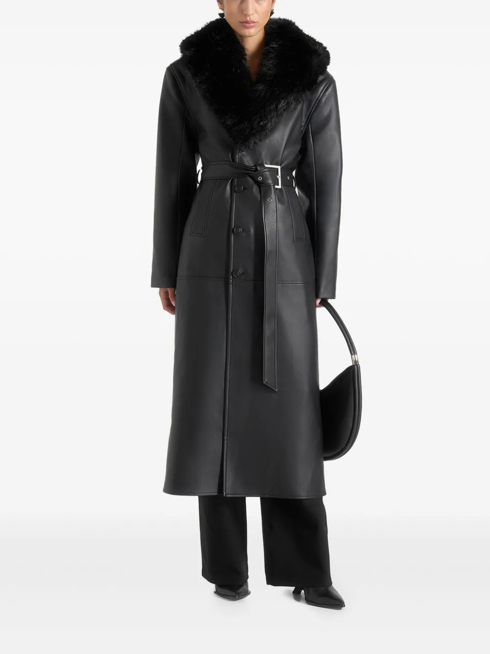 Cenya Fur-Collar Belted Leather Coat