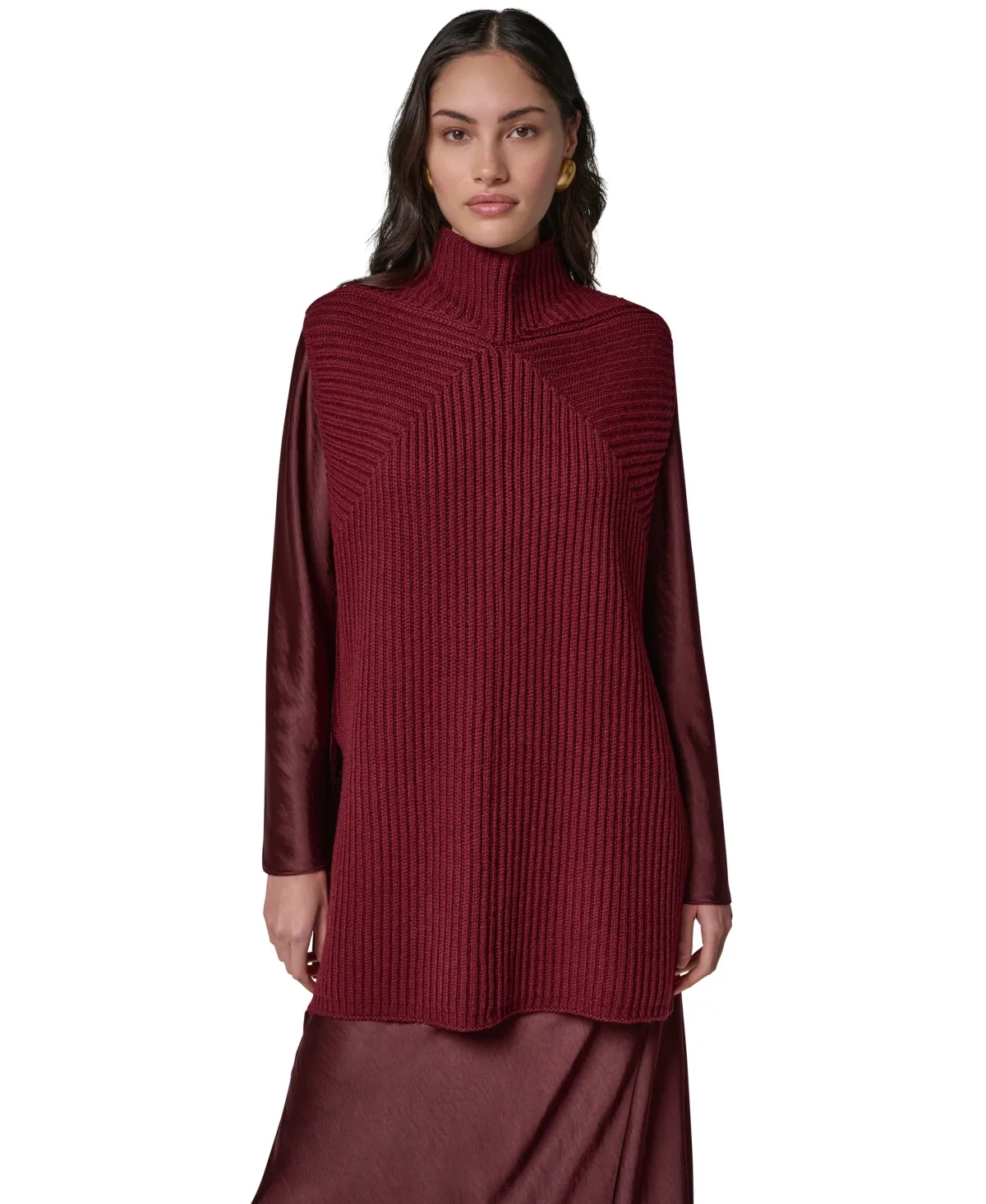 Mock-Neck Sleeveless Ribbed Sweater Tunic