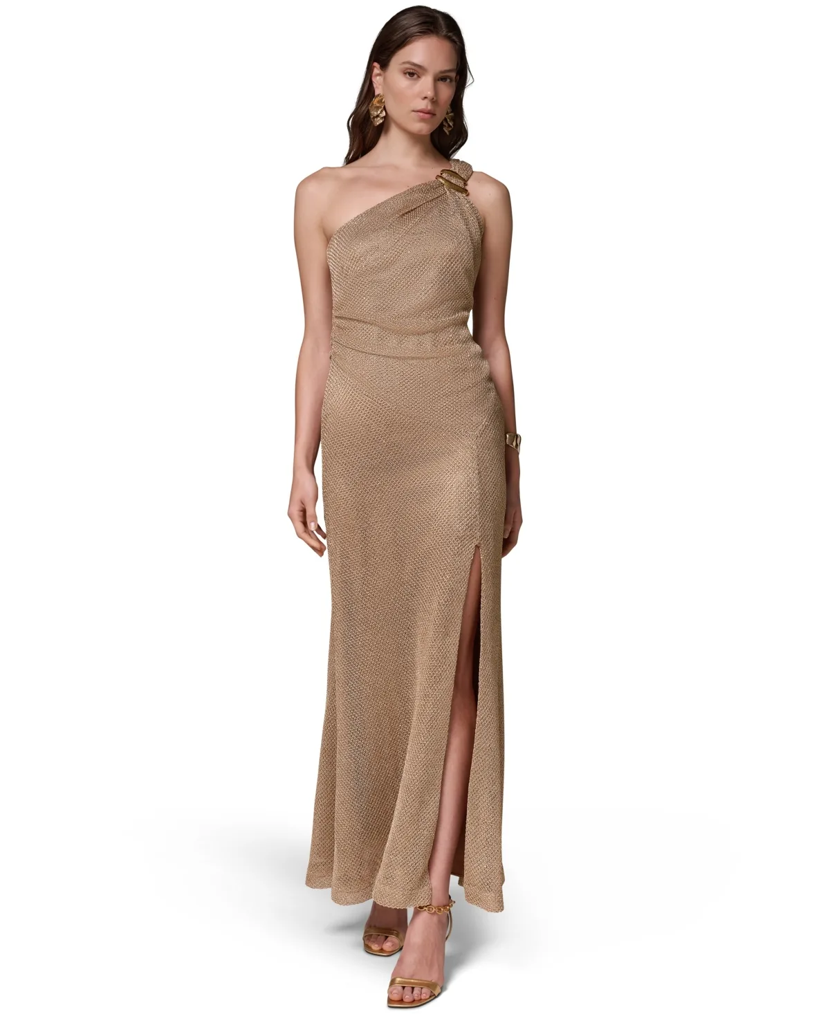 Ruched One-Shoulder Metallic Maxi Dress by Donna Karan New York