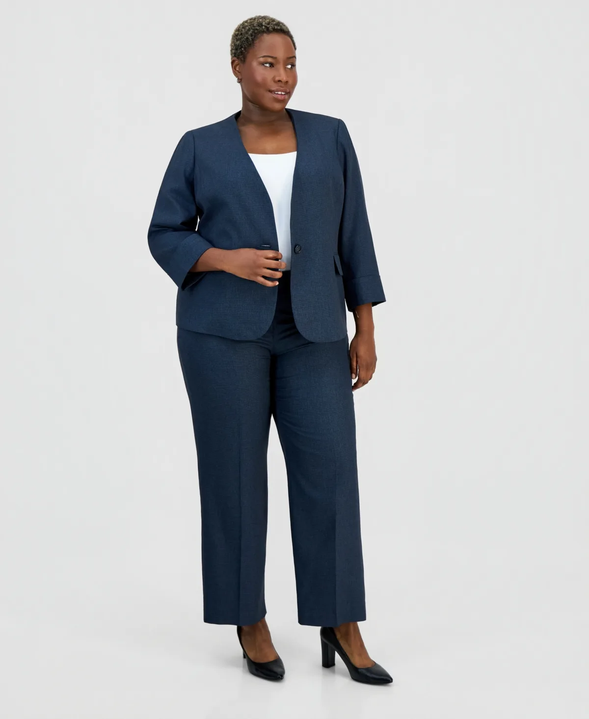 Collarless One-Button Jacket & Fly-Front Wide-Leg Pants Suit by Le Suit