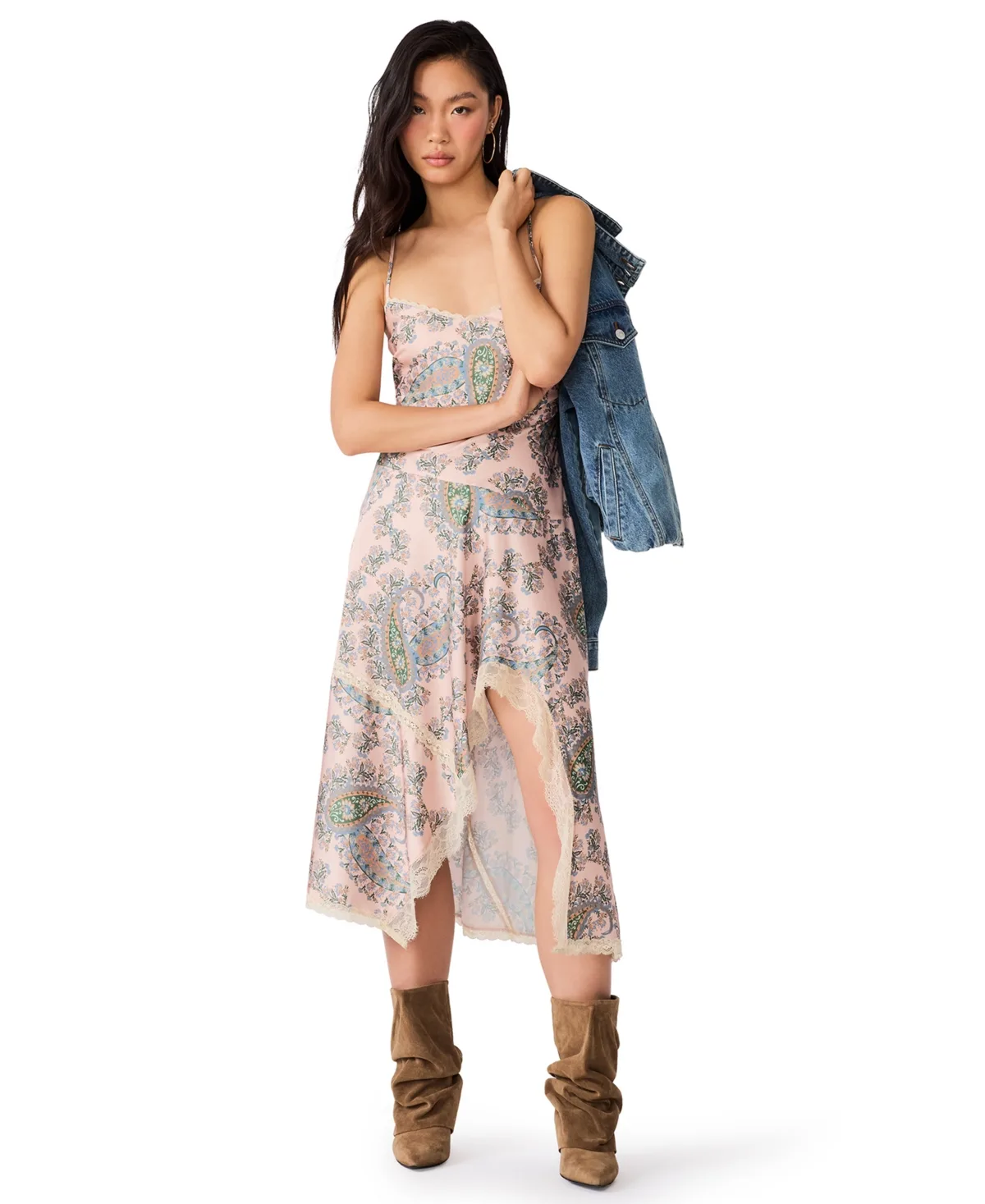 Kamrynn High-Low Paisley-Print Lace-Trim Dress by Steve Madden