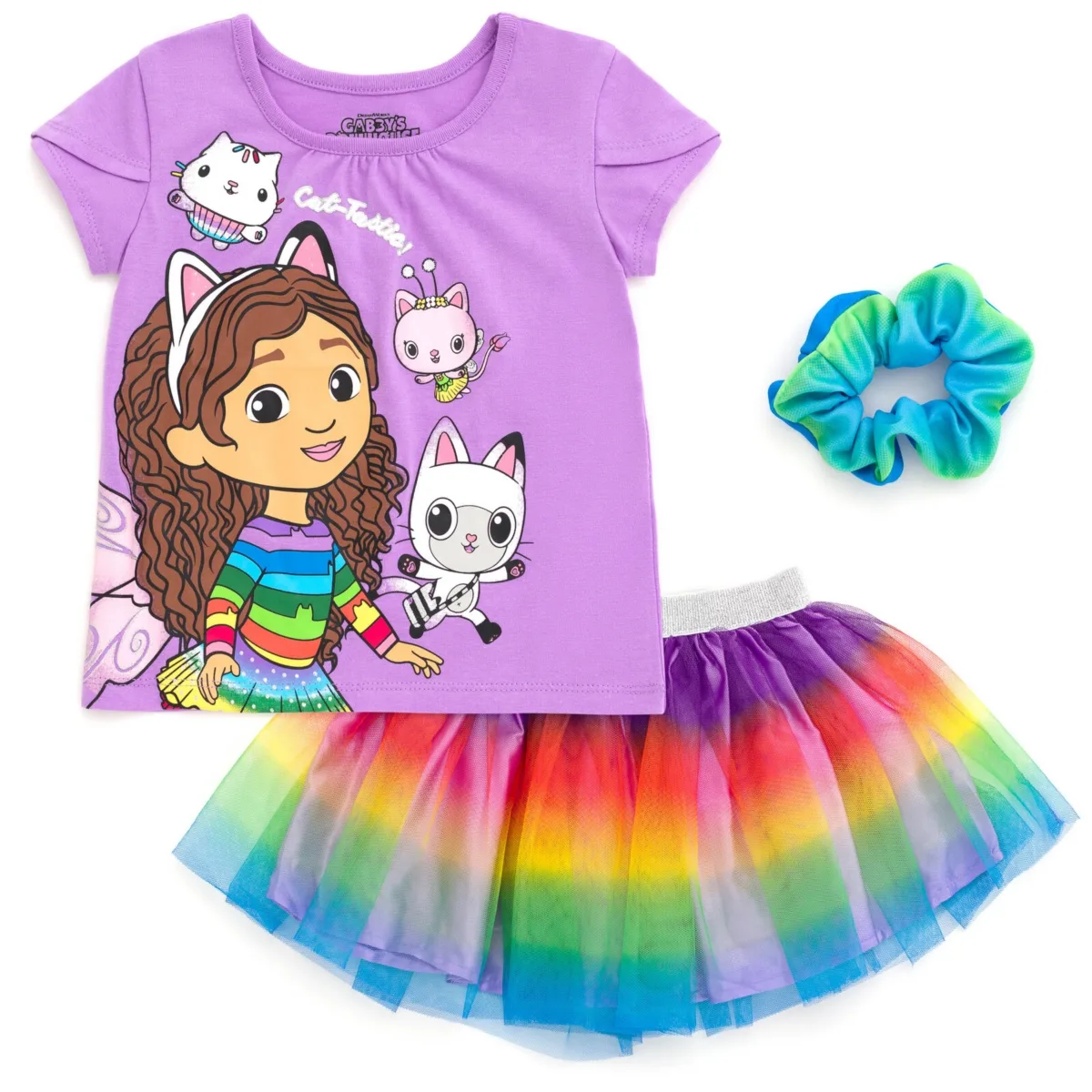 Dreamworks Gabby's Dollhouse T-Shirt Tulle Mesh Skirt and Scrunchie 3 Piece Outfit Set by Gabby's Dollhouse