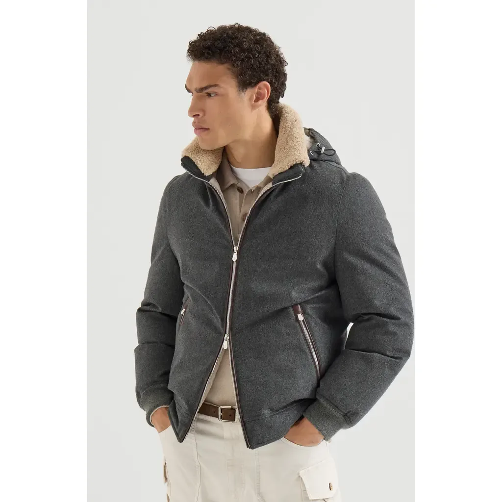 Bonded Wool Flannel Down Jacket with Detachable Hood by Brunello Cucinelli