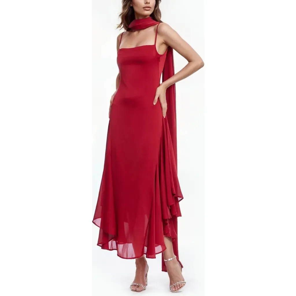 Asymmetri Chiffon Slipdress with Scarf by Jewel Badgley Mischka