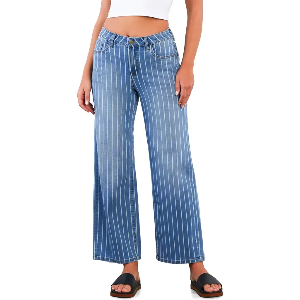 Stripe High Rise Wide Leg Jeans by HINT OF BLU