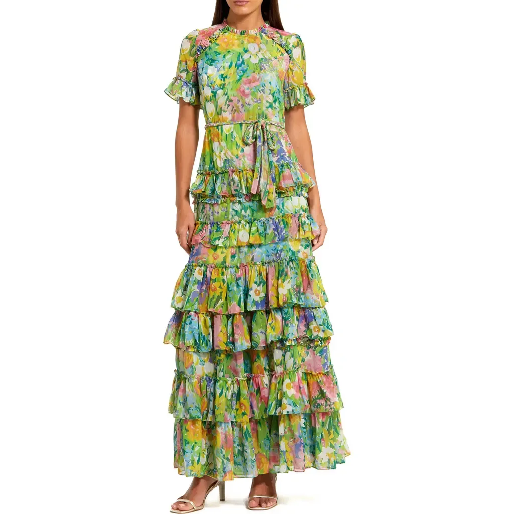 Floral Printed Chiffon Tiered Ruffle Gown by Mac Duggal