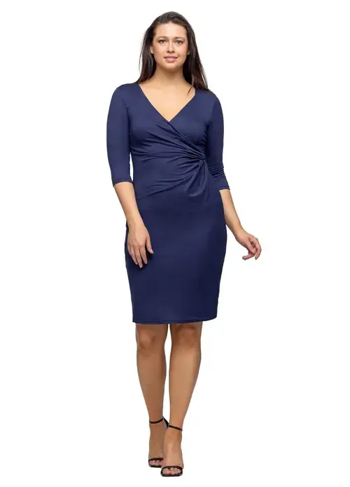 V Neck Faux Wrap Knee Length Dress by 24seven Comfort Apparel