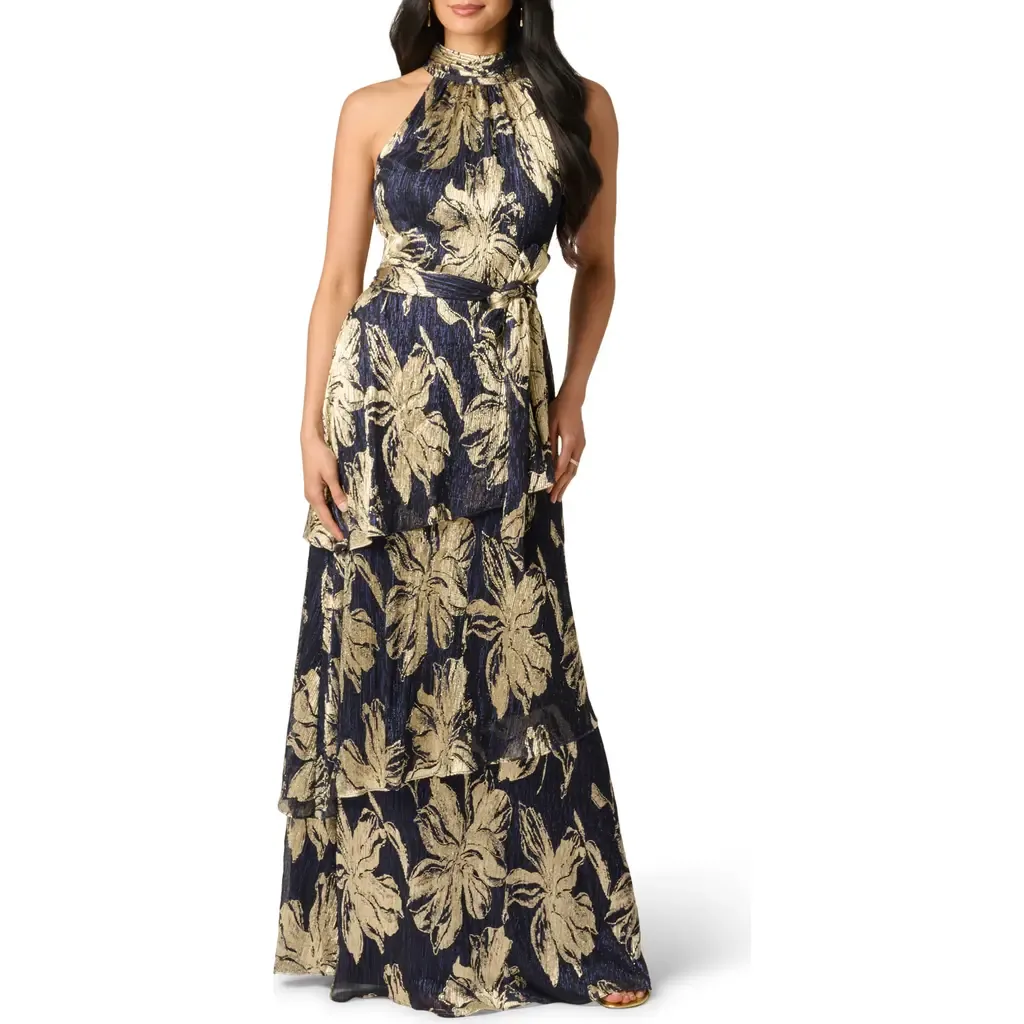 Floral Metallic Plissé Gown