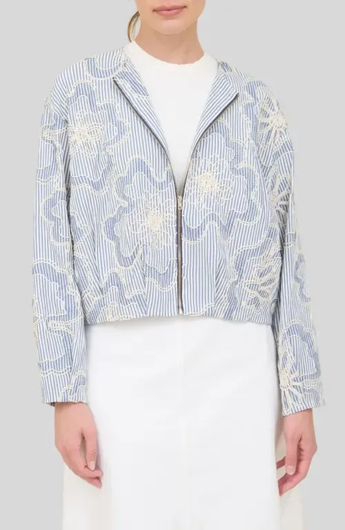 Embroidered Detail Stripe Bomber Jacket by ZOE AND CLAIRE
