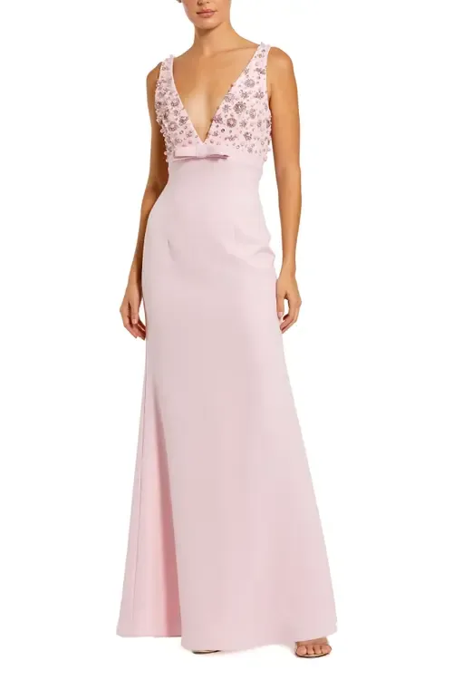 Crepe Sleeveless Beaded V Neck Gown with Bow