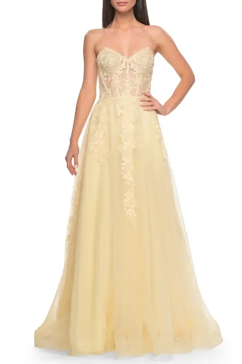 Sweetheart Strapless Gown with Beautiful Lace Applique by La Femme