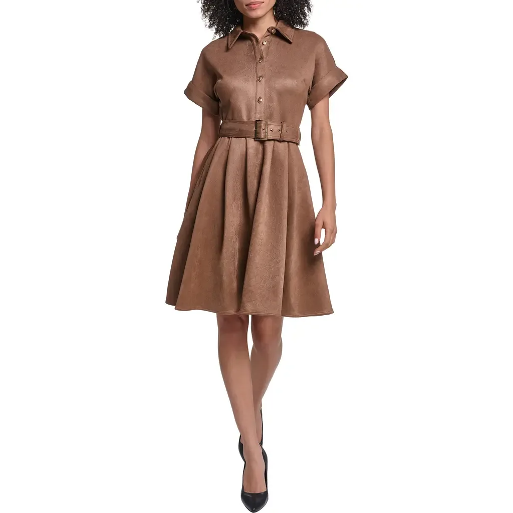 Belted Faux Suede Shirtdress by KARL LAGERFELD PARIS