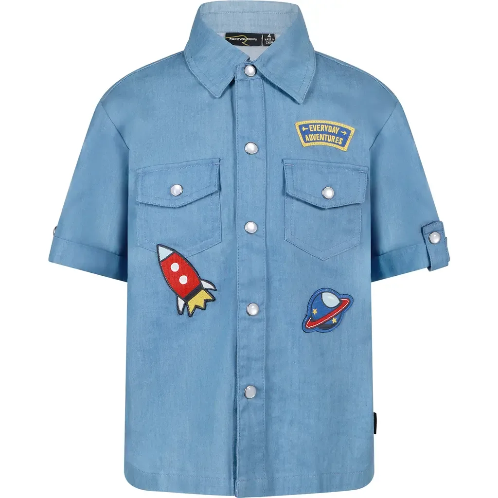 Space Appliqué Short Sleeve Cotton Chambray Snap-Up Shirt by Rock Your Kid